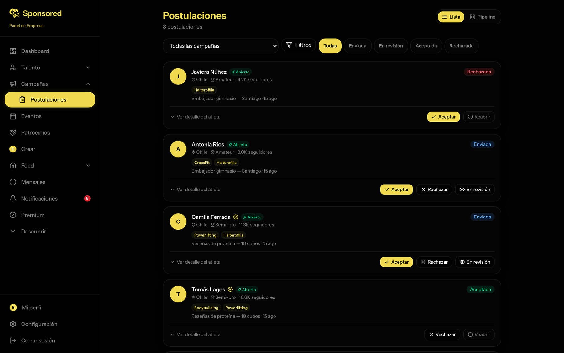 Postulaciones recibidas por una marca en Sponsored, con el nivel y alcance de cada atleta